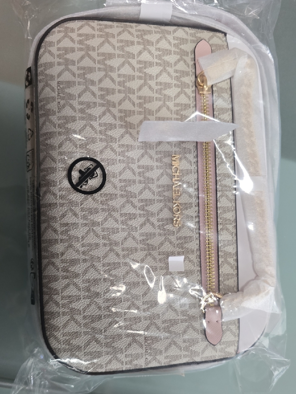 Michael Kors Beige Jet Set Large Crossbody with Pink Trim and Gold Hardware